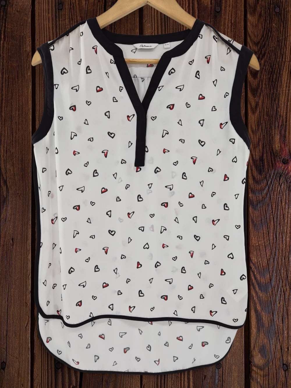 Reitmans‎ Women's White Heart Print XS Sleeveless Blouse Black Trim Romantic Top